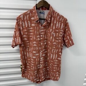 Salt Life SLX Fishing Shirt Mens Small Orange Fish Print Button Up